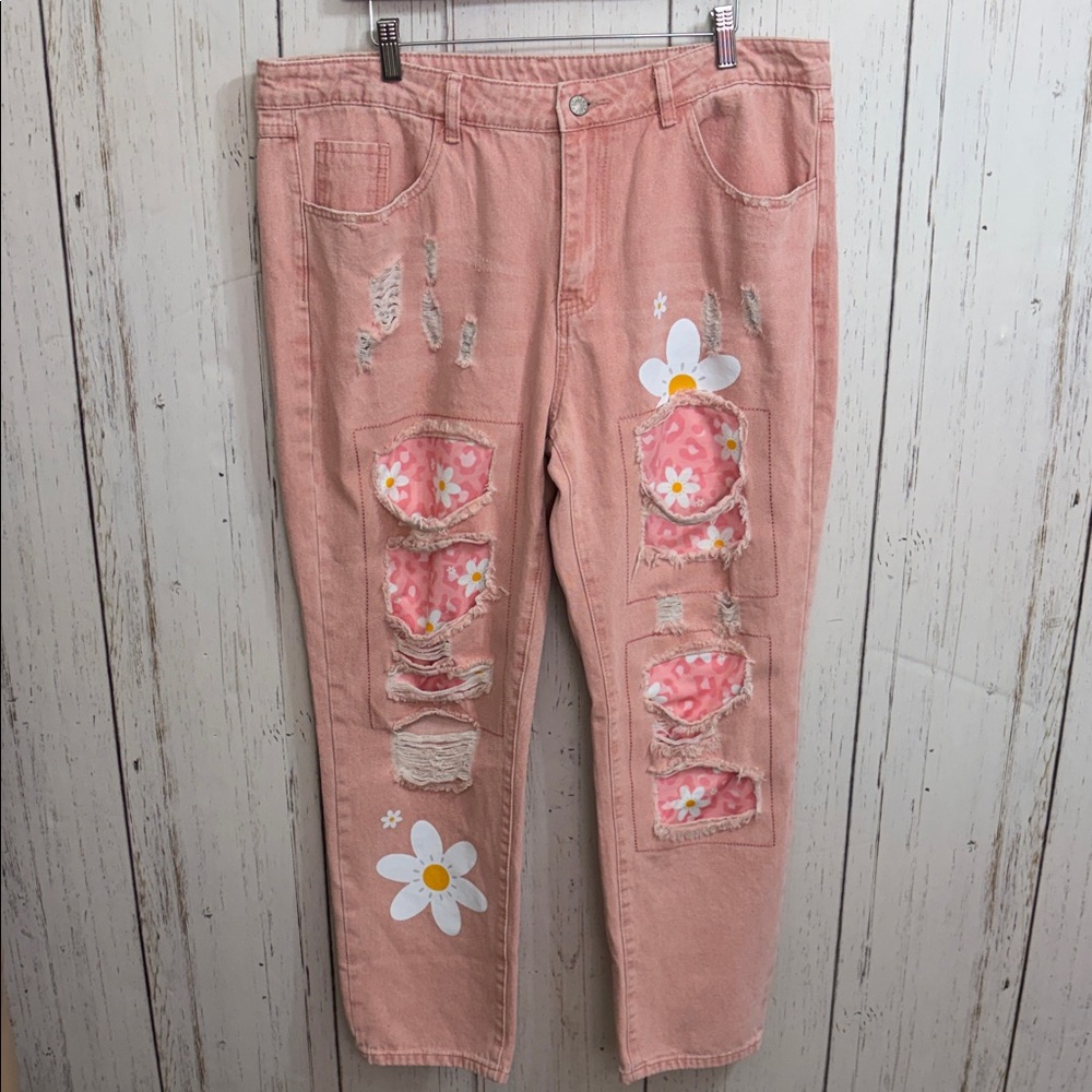 Pink Distressed Jeans with Floral Patches 2XL Cotton Blend